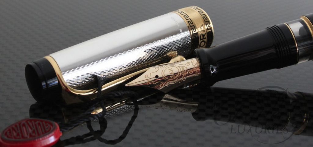 Aurora Black Body Silver Cap Optima Fountain Pen Gold Trimmings
