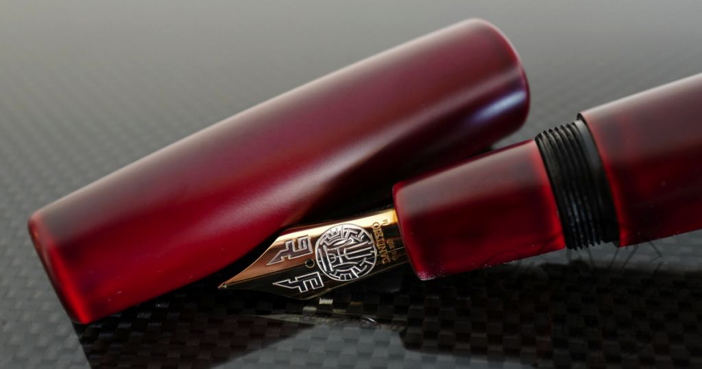 Danitrio Urushi Irokeshi-dame on Mikado on Mikado Flat Top Red Fountain Pen