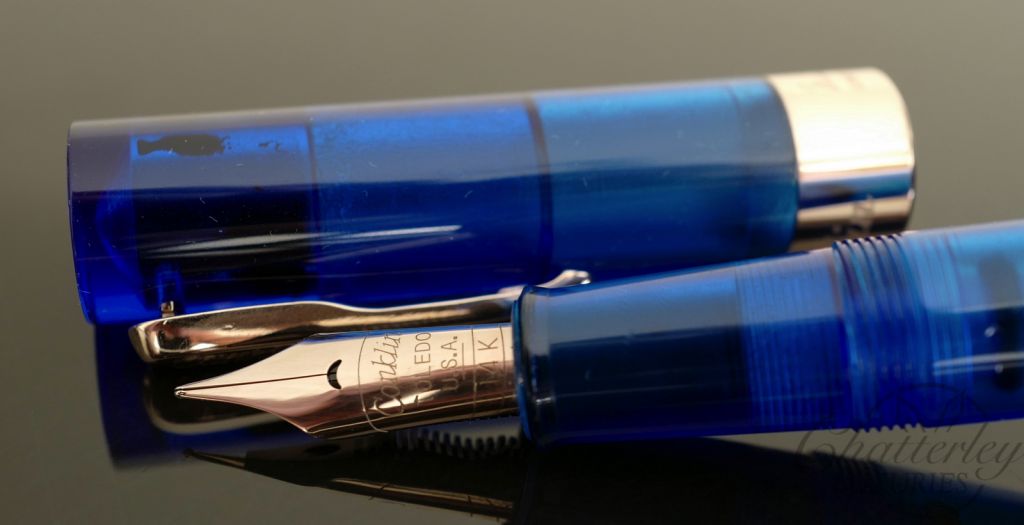 Conklin Mark Twain Blue Demonstrator Crescent Filler Fountain Pen-Rose Gold Trim