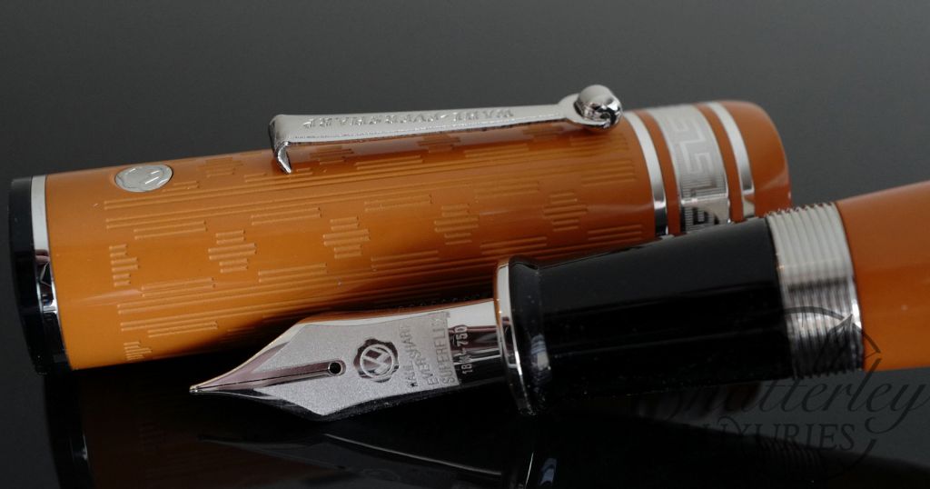 Wahl Eversharp DECOBAND Gold Seal Oversized Collection GATSBY PENSBURY Orange Ebonite Etched Rhodium Trim Fountain Pen
