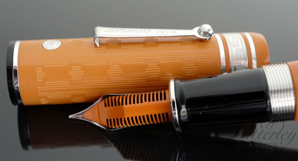 Wahl Eversharp DECOBAND GATSBY PENSBURY Orange Ebonite Etched Rhodium Trim Fountain Pen with Lacquered Orange Feed