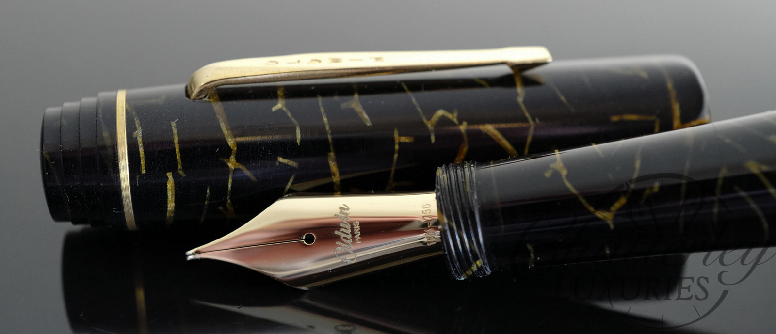Oldwin Arte Deco Fountain Pen in Omas Black and Gold Celluloid