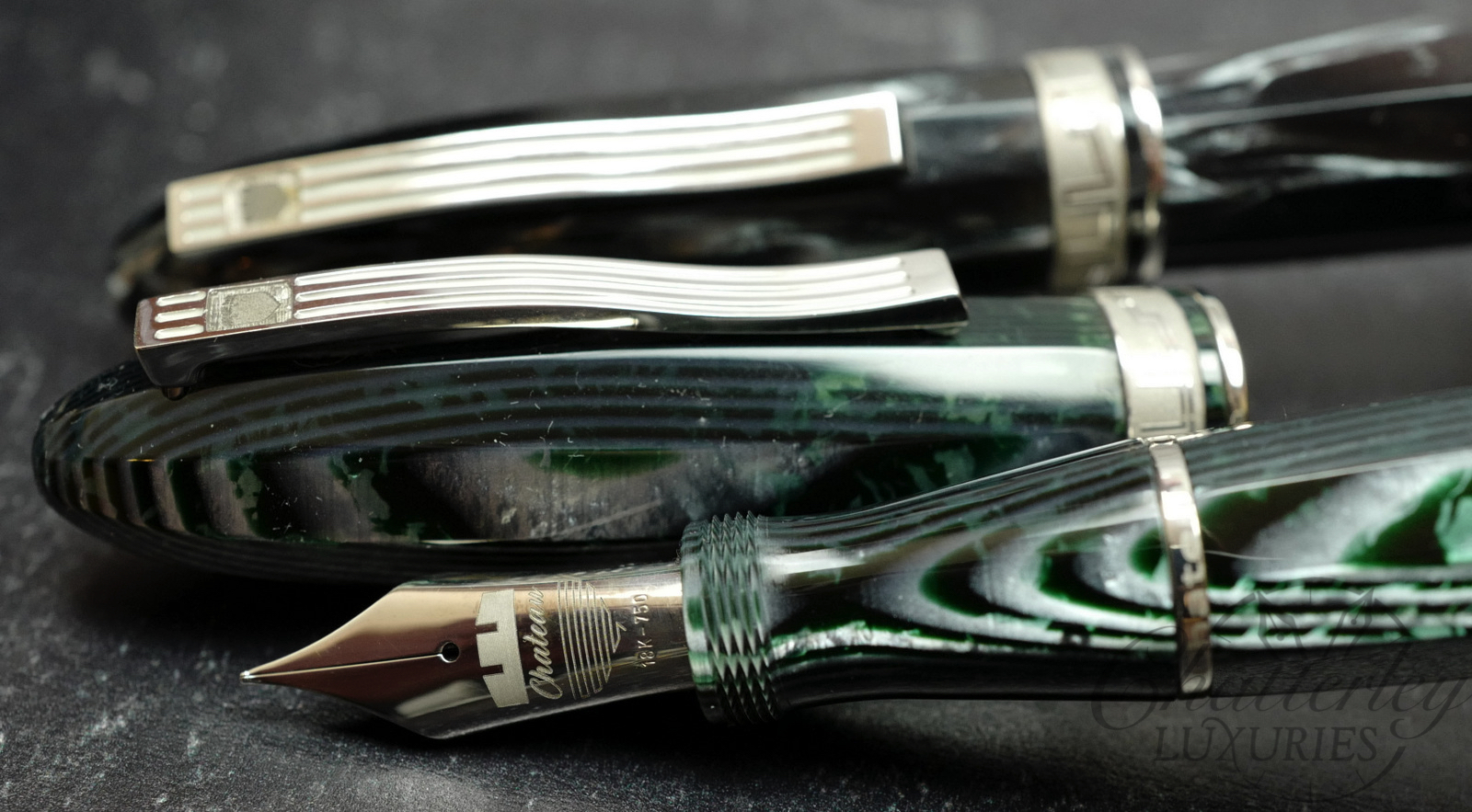 Chateau Monarch Celluloid CN01 & CN02 Limited Edition Fountain pen Set in Omas Smoke and Green Arco