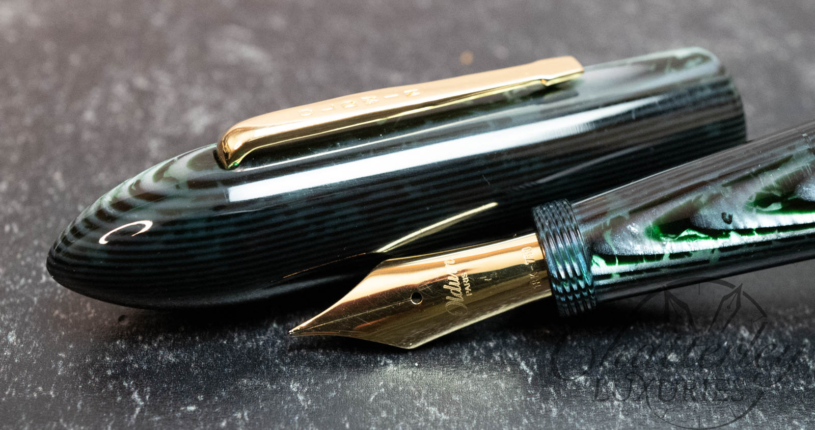 Oldwin Anniversary "Torpedo" Rhodium Trim Green Arco Celluloid Fountain Pen