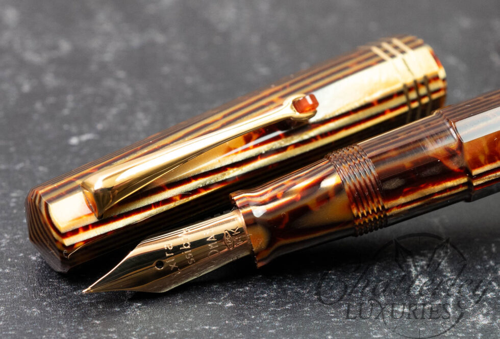 Omas Paragon Extra Old Style Arco Brown Celluloid Fountain Pen With Red Clip Roller