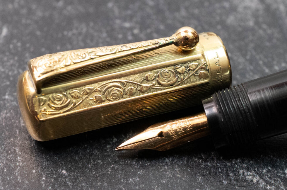 Waterman Vintage Italian Continental Octagonal Overlay Scroll Floral Design 18k Rolled-Gold Safety Fountain Pen